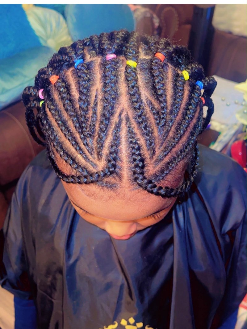 Kids cornrows with colorful bands, top view