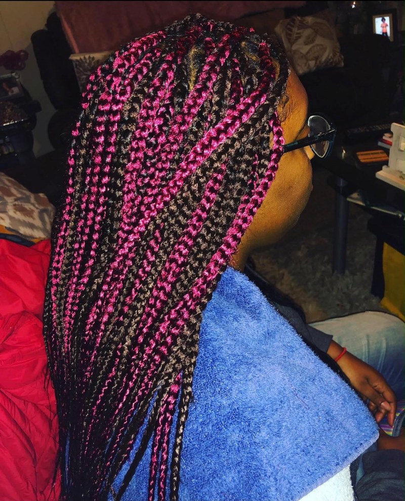 Black and pink box braids, side view