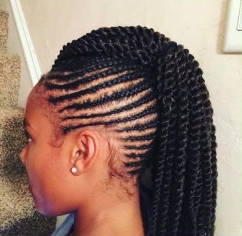Feed-in braids into a twists ponytail, side view