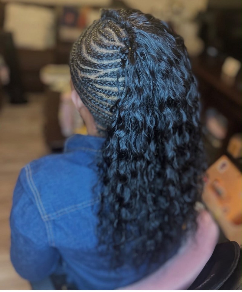 Crochet braids with curly ponytail, back view